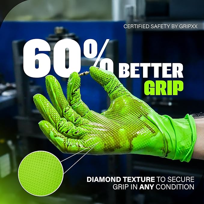 Herkules Grip Heavy Duty 8Mil Green Nitrile Gloves,3D Raised Diamond Texture-Latex & Powder Free-Industrial, Mechanic | Pack of (100 CT)