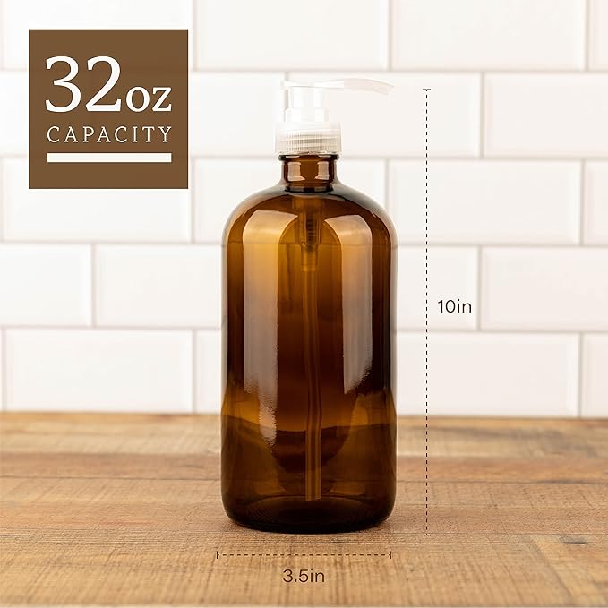 kitchentoolz 32 Ounce Large Amber Glass Boston Round Bottles w/Natural Color Pumps. Great for Lotions, Soaps, Laundry Detergent and Essential Oils - Food Safe and Medical Grade (Pack of 2)