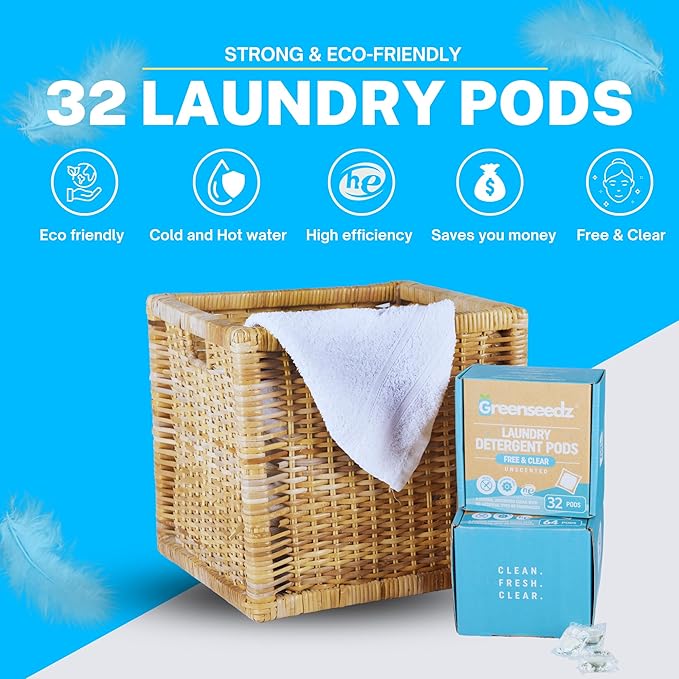 Laundry Detergent Pods Free & Clear, Unscented, 32 Count, Eco Friendly, Biodegradable, HE Compatible, 32 Count, Powerful Stain & Odor Removal, Skin Friendly