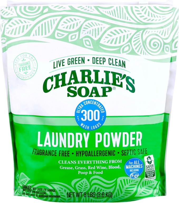 Charlie’s Soap Hypoallergenic Laundry Detergent Powder Baby Gentle 8lb Bag Fragrance Free Plant Based Deep Cleaning – Biodegradable Eco Friendly Sustainable
