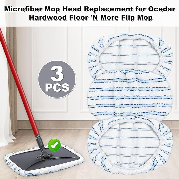 Mop Heads Replacements for Ocedar Hardwood Floor 'N More Microfiber Mop, 3 Pack Mop Refills for O-Cedar Hardwood Floor 'N More Microfiber Mop, 15 x 8 Flat Dust Mop Heads Pads for O Cedar Mop
