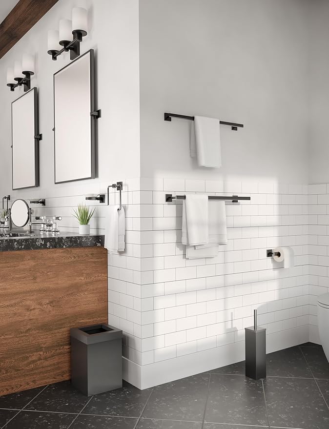 Gatco Modern Square Waste Basket and Toilet Brush Set, Matte Black - Stainless Steel Trash Can with Removable Lid, Leakproof, 3 Gallon Capacity for Bathroom, Bedroom, Kitchen, or Office