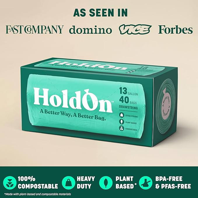 HoldOn 13-Gallon Trash Bags – Plant-based Tall Kitchen Trash Bags with Drawstring Handles for Tall Trash Bins, Heavy-duty and Compostable Large Trash Bags (40 bags)