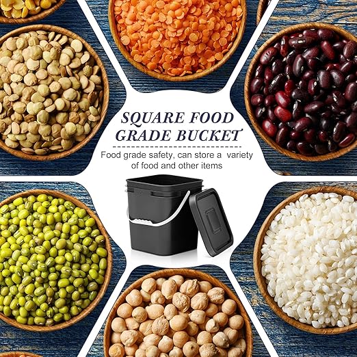 Mumufy 3 Pcs 3.5 Gallon Square Food Grade Bucket with Lid Square Bucket Pail with Plastic Handles for Storing Dry Food, Charcoal, Camping, Fishing (Black)