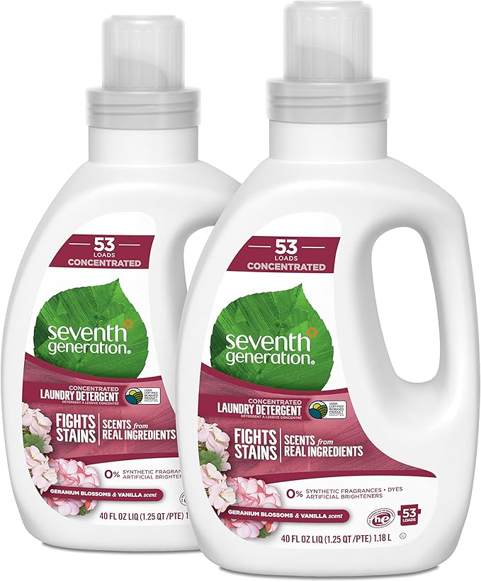 Seventh Generation Concentrated Laundry Detergent, Geranium Blossoms and Vanilla, 106 Loads, 40 oz, 2 Pack (Packaging May Vary)