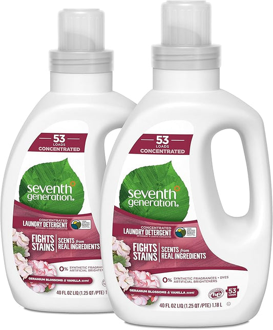 Seventh Generation Concentrated Laundry Detergent, Geranium Blossoms and Vanilla, 106 Loads, 40 oz, 2 Pack (Packaging May Vary)