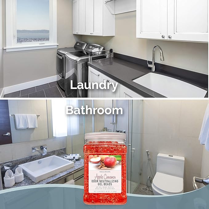 SMELLS BEGONE 48 oz Odor Eliminator Gel Bead Refill - Eliminates Odors from Bathrooms, Cars, Boats, RVs & Pet Areas - Air Freshener - Made with Essential Oils - Apple Cinnamon Scent