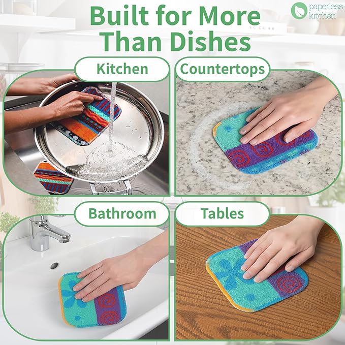 Kitchen Dish Scrubbers | Soft Scrub for Dishes | Non-Scratch Cleaning Pads for Kitchen | Made from Cotton Fiber | Safe on All Surfaces | Long-Lasting & Easy to Clean | Pack of 4