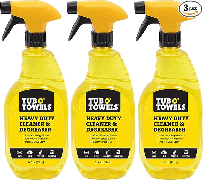 Tub O' Towels Heavy Duty Cleaner and Degreaser Spray Helps in Removing Oil Tar Paint Dirt Caulk Grease Grime Gunk Epoxies, Industrial Strength, Home & Auto, Made In USA, Citrus Scent, 24oz, 3-Pack