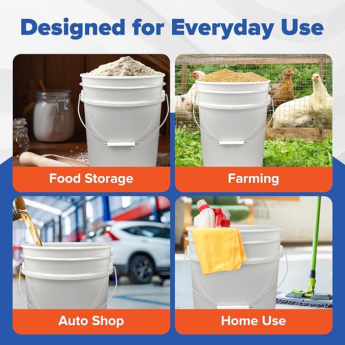 ePackageSupply 5 Gallon White Bucket with Gamma Seal Screw on Airtight Lid | Made in USA | Food Grade | Heavy-Duty | Durable 90 Mil All Purpose Pail | Easy Stack and Store | BPA Free (3 Count), White