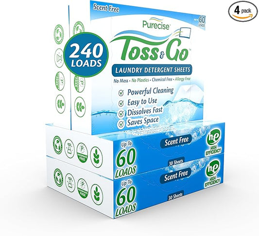 Purecise - Toss & Go - Unscented Laundry Detergent Sheets - No Mess, Skin-Friendly, Fast-Dissolving, Scent Free - 240 Loads - 30ct Pack of 4