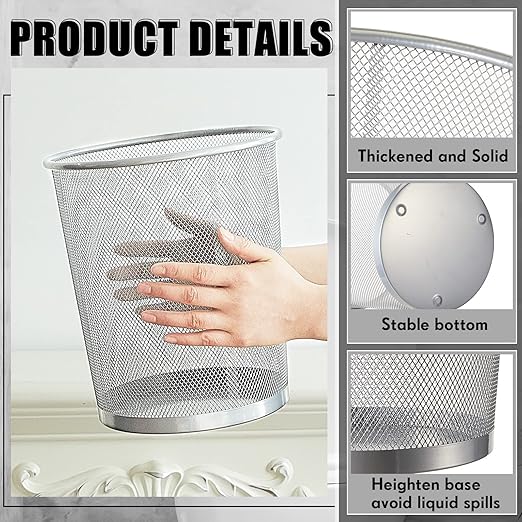 Zeyune 6 Pack Silver Office Trash Can Bulk Mesh Trash Can 4 Gallon Metal Wire Mesh Waste Paper Basket Round Small Garbage Bin for Office Bathroom Home Bedroom Kitchen Dorm