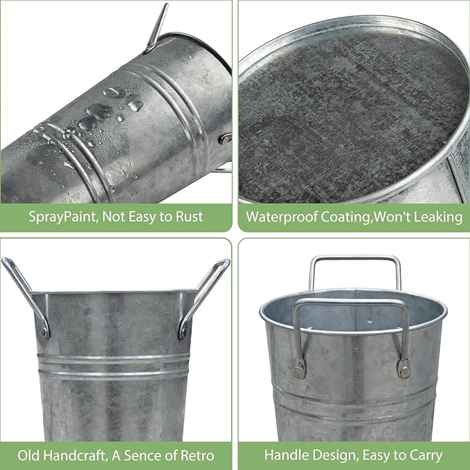 9 Inch Galvanized Metal Vases Farmhouse French Flower Bucket Vases for Cut Flowers, 8 Pcs Farmhouse Decorative Tall Flower Bucket with Handles for Table Weddings Home Decor (Silver, 8 Pcs 9inch)