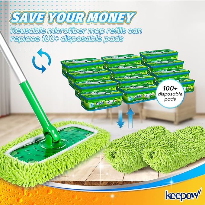 KEEPOW Reusable Mop Pads Compatible with Swiffer Sweeper Mop, Microfiber Dry Sweeping Cloths, Washable Wet Pads Refills Mopping Cloth Refills for Hardwood Floor Cleaning, 4 Pack