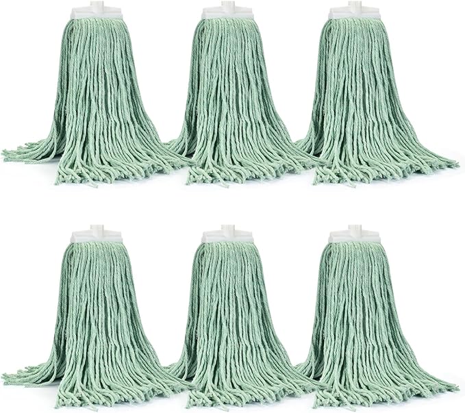Matthew Cleaning Screw-on Heavy Duty Cotton Wet Mop Replacement Heads(Green, Large,6 Pack) with 2 Pack Microfiber Cloth for Residential & Commercial Floor Cleaning Use- Fit Standard American Screw