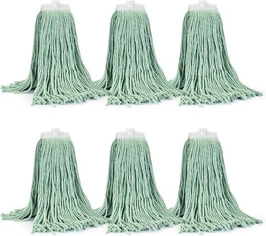 Matthew Cleaning Screw-on Heavy Duty Cotton Wet Mop Replacement Heads(Green, Large,6 Pack) with 2 Pack Microfiber Cloth for Residential & Commercial Floor Cleaning Use- Fit Standard American Screw