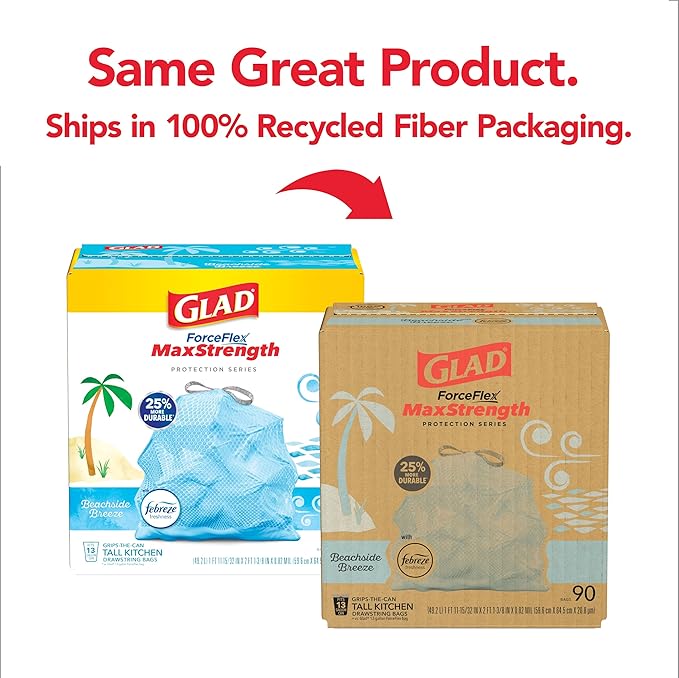 Glad Tall Kitchen Trash Bags 13 Gallon, MaxStrength Beachside Breeze Garbage Bags, Drawstring, 90 Count