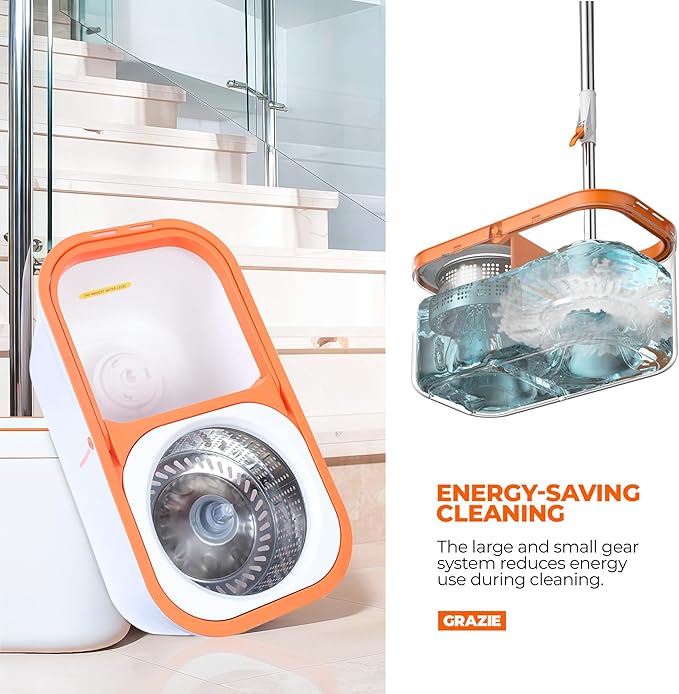 Spin Mop and Bucket Wringer 360 Microfiber Mop with Stainless Steel Handle Self Wringing Cleaning System Bucket with Drain for Tile Hardwood Laminate Floors Includes 2 Mop Head Refills Absorbent