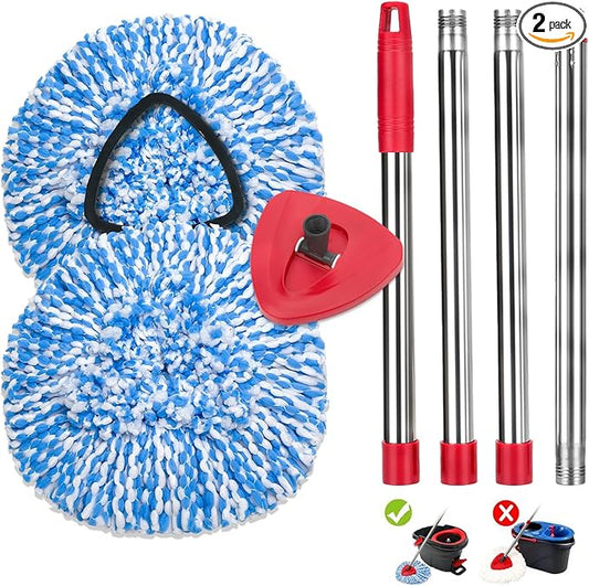 2 Pack Spin Mop Replace Head Compatible for Oceda EasyWring 1 Tank Triangle System, Microfiber Replacement Head Refills for 5.9inch Core, Included Base and 30-58in Handle