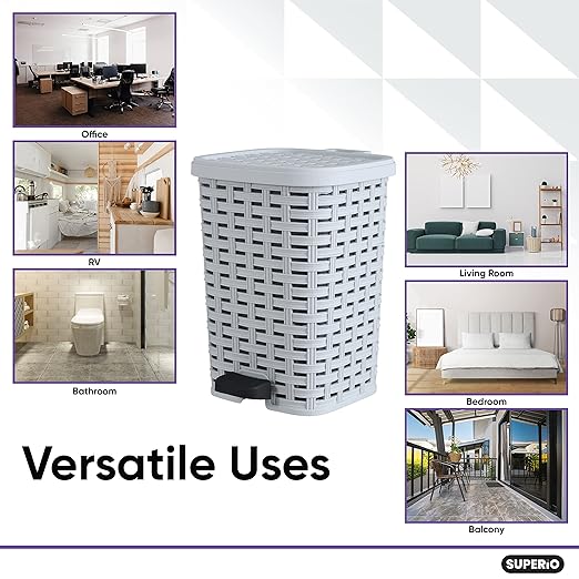 Superio Small Outdoor Trash Can with Lid for Dog Poop 6.8 Gallon/26 L Step On Plastic Garbage Can with Foot Pedal for Bathroom, Bedroom, Office, Patio, Wicker Smoke