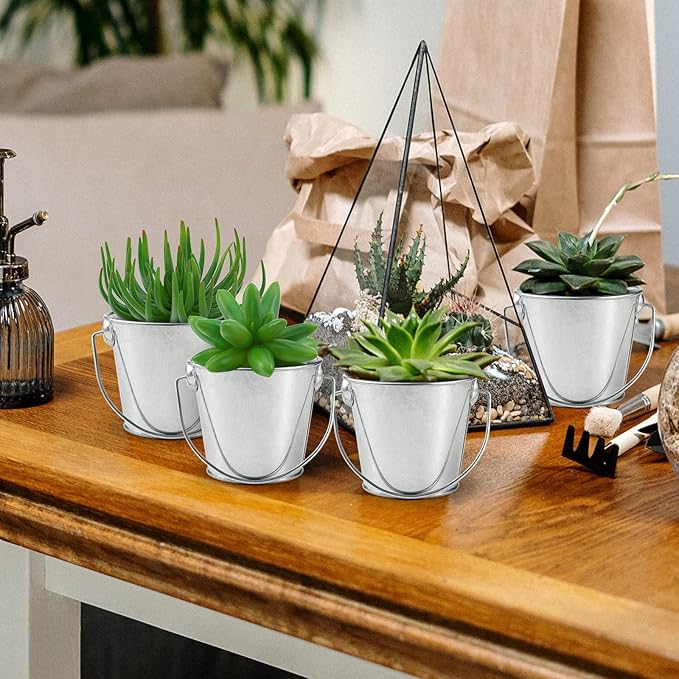 3.1" Galvanized Mini Tin Buckets – 12Pcs Silver Metal Buckets with Handle, Ideal for Party Favors, Bridal Shower and Craft Projects (Silver, 3.1")