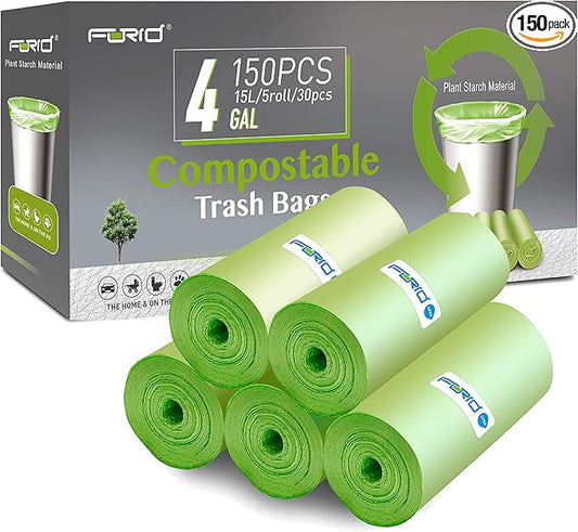 FORID 4 Gallon Garbage Bags, 150 Count, Unscented, Strong Trash Can Liners, 15 Liter Wastebasket Bags for Kitchen, Bathroom, Home Office, Green