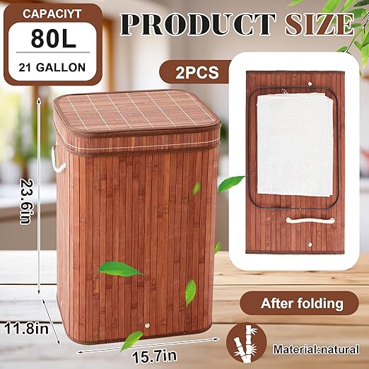 2 Pack Bamboo Slim Trash Can with Lid, 21 Gallon Large Rectangular Trash Bin, Foldable Slim Garbage Can Bamboo Waste Basket for Bathroom Bedroom Office Home Salon Spa (Brown)