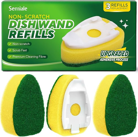 Non Scratch Dishwand Refills Sponge Heads, Heavy Duty Scrub Brush Sponges, Soap Dispensing Scrubbers, Common Compatible Dish Wand Refill Head Replacements for Kitchen Sink Dishwashing Cleaning