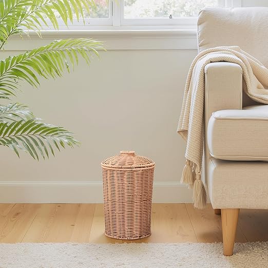 GRANNY SAYS Wicker Small Bathroom Trash Can with Lid, 2 Gallon Cute Decorative Waste Basket for Bedroom and Dorm, Office Garbage Cans for Under Desk, Mini Round Trash Bin for Decor, Nude Color