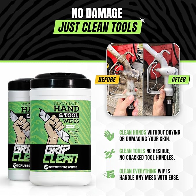 Grip Clean Heavy Duty Hand & Tool Cleaning Wipes – Waterless Hand Cleaner for Mechanics, Garage & Shop Use – Dual-Sided Grease, Oil & Paint Remover Wipes with Citrus Scent - 30ct