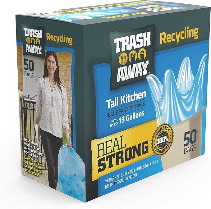Heavy Duty Recycling Bags | Tall & Strong Bags for Home & Kitchen - (50 Ct, 13 Gallons) Large Trash Bags Paper, Plastic & Aluminum | Thick Recycle Bin Bags (Blue)