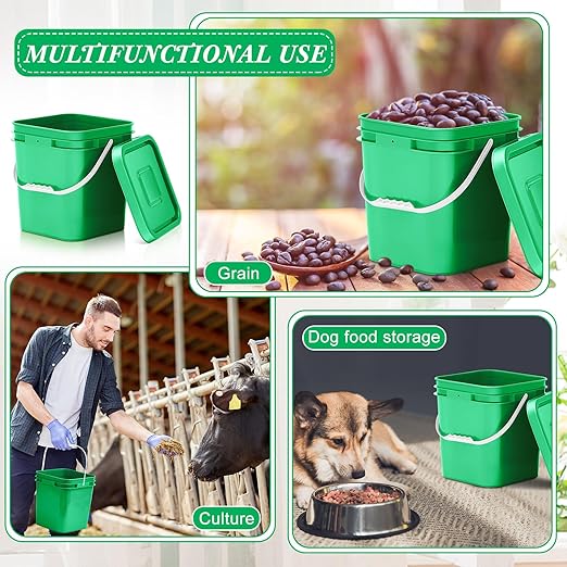 Mumufy 5 Pcs 3.5 Gallon Square Food Grade Bucket with Lid Square Bucket Pail with Plastic Handles for Storing Dry Food, Charcoal, Camping, Fishing (Green)