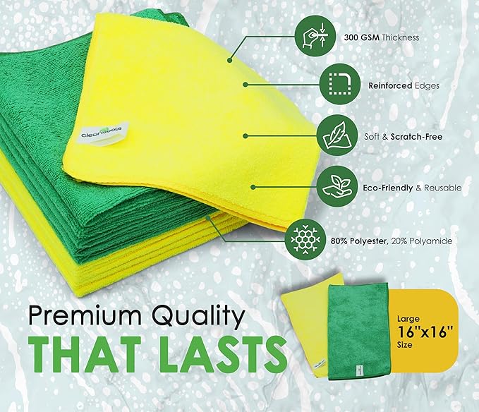 Microfiber Cleaning Cloths 16"x16" - Ultra Absorbent Cleaning Rags for Housekeeping - Reusable Microfiber Towels in Yellow and Green - Detailing Supplies for Kitchen Car Windows 10 Pack