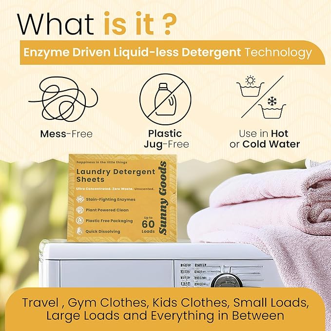 Laundry Detergent Sheets with Plant Powered Stain-Fighting Enzymes - 60 Loads - Concentrated Liquidless Laundry Soap Sheets - Home and Travel Laundry Detergent - Unscented