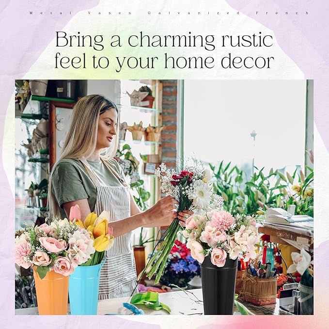 Lallisa 24 Pcs Metal Vases 9 Inch Galvanized French Farmhouse Flower Buckets with Handles and Hemp Rope, Vintage Style Flower Containers for Country Wedding Party Table Centerpiece Decor (Colorful)