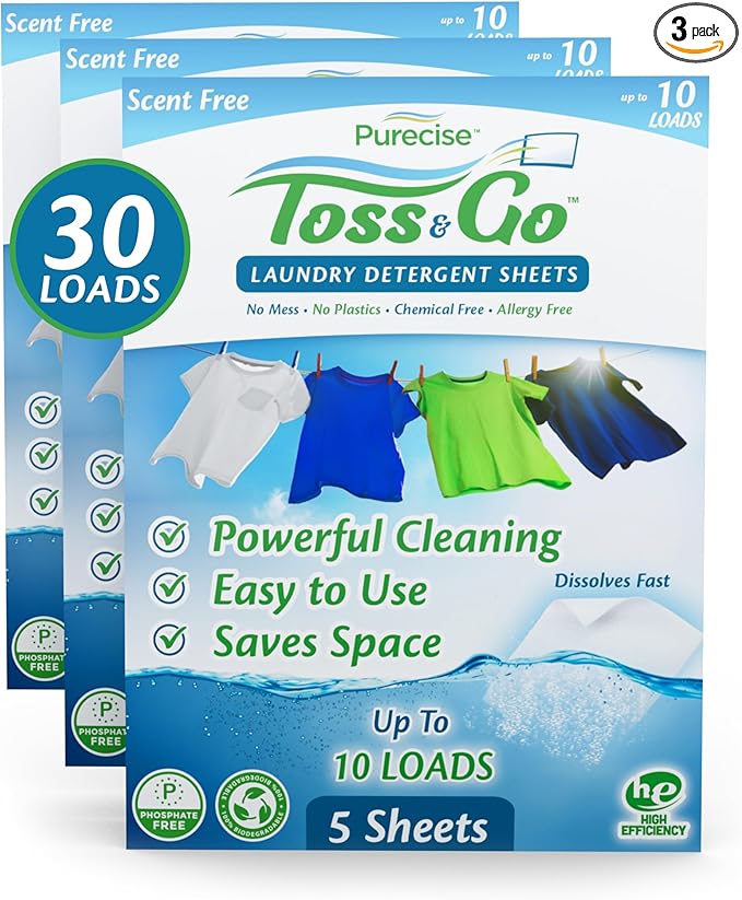 Purecise - Toss & Go - Unscented Laundry Detergent Sheets - No Mess, Skin-Friendly, Fast-Dissolving, Scent Free - 30 Loads - 5ct Pack of 3