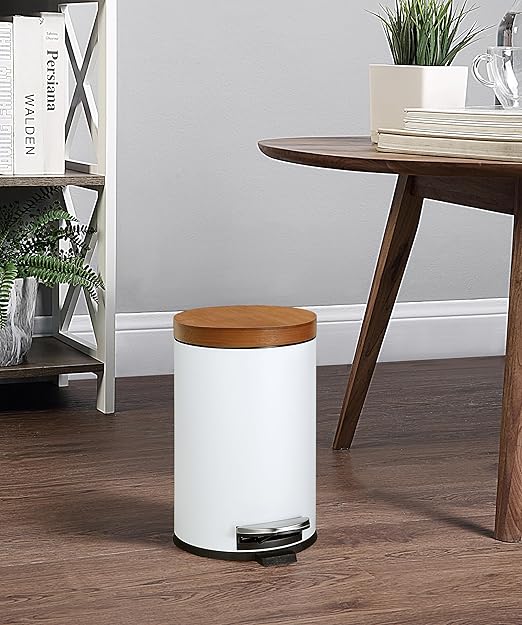 SunnyPoint Elite Bamboo Lid 4.5 Liter (1.2 Gallon) Round Trash Can with Plastic Inner Bucket; Bathroom, Office, Kitchen and Bedroom Step On and Slow Close (White)