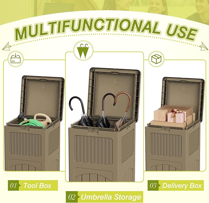 Greesum 33 Gallon Resin Outdoor Trash Can with Lid, Waterproof Resin Garbage Bin for Hideaway, Patio, Deck, 4 Pack, Light Brown