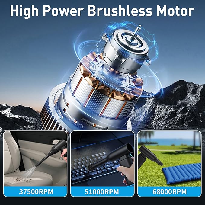 Compressed Air Duster, 3-Gear to 67000RPM Portable USB Rechargeable Brushless Motor Low Noise Electric Air Duster for Keyboard Cleaning, Car Interior Cleaning, Furniture Cleaning, Black