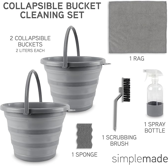 SIMPLEMADE Collapsible Bucket Cleaning Set - Includes 2 Foldable Buckets, Spray Bottle, Rag, Scrubbing Brush and Sponge - Holds Up to 10 liters, Easy Storage, All-Purpose Cleaning Solution