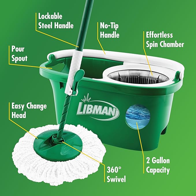 Libman Tornado Spin Mop System, Spinning Floor Mopping and Bucket with Wringer Set for Home, Hardwood, Laminate, Tile Cleaning, Includes 1 Machine Washable Replacement Head Refills (2 Total)