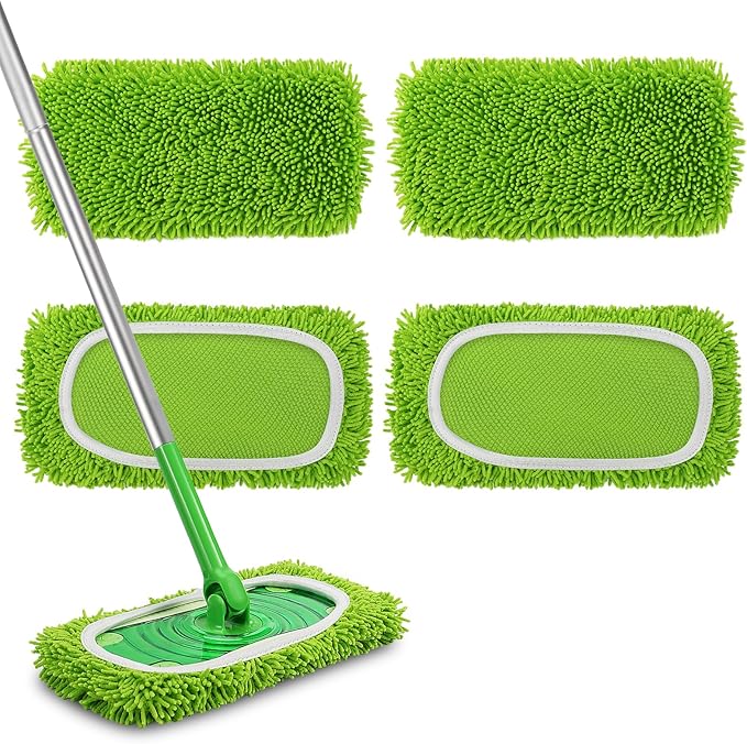 Set of 4 Reusable Microfiber Mop Pads Compatible with Swiffer Sweeper, Dry Sweeping Cloths, Washable Wet Mopping Cloth Refills for Floor Cleaning (Mop is Not Included) (4 Pack, Green)