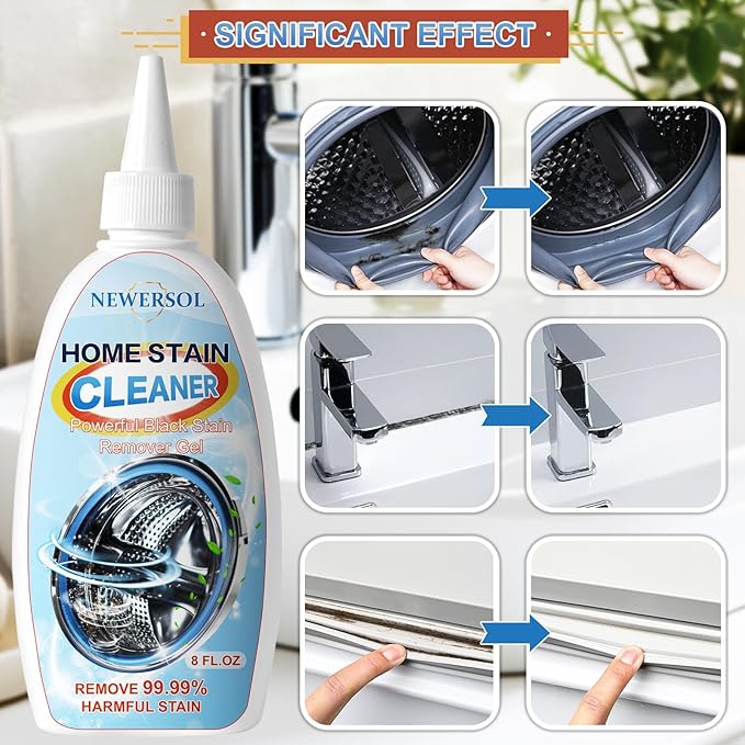 Black Stain Remover Gel Washing Machine Cleaner Housefold Stain Removal Gel for Front Loader Washer Grout Cleaner Kitchen Sink Showers Bathroom and Floor Tile 8Fl Oz（2-Pack）