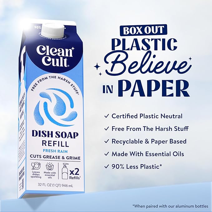 Cleancult Dish Soap Liquid Refill (32oz, 1 Pack) - Plant Based Cleaning Power - Dish Soap that Cuts Grease & Grime - Free of Harsh Chemicals - Uses 90% Less Plastic - Fresh Rain