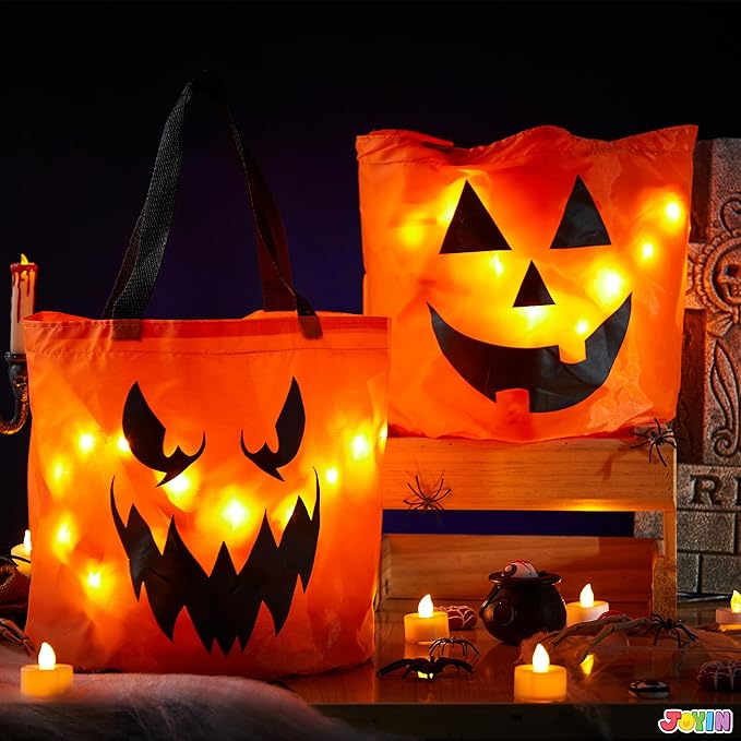 JOYIN 2 PCS Halloween Trick or Treat Bags 10 x 11.8 inches LED Light Orange Pumpkin Buckets Reusable Goody Candy Bucket for Kids Trick or Treating, Halloween Birthday Party Favor Supplies