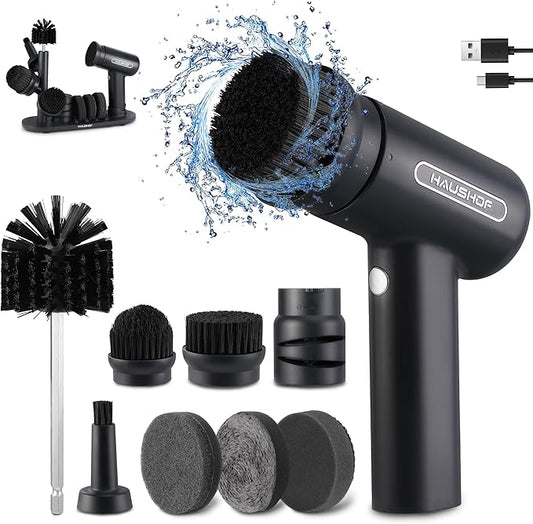 HAUSHOF Electric Spin Scrubber, Cordless Dish Scrubber Brush with 8 Replaceable Heads & 3 Speeds, Power Scrubber Electric Scrubber for Cleaning Kitchen, Sink, Bathroom, Knife Sharpener Included