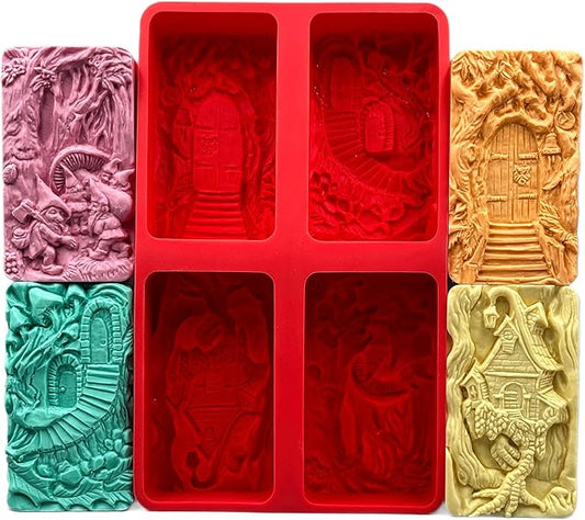 SOAP Silicone Mold Set of 4 Magical Designs: Fairy Door, GATE, Witch House, Dwarf for SOAP Making, Candle, Resin and Other Crafts