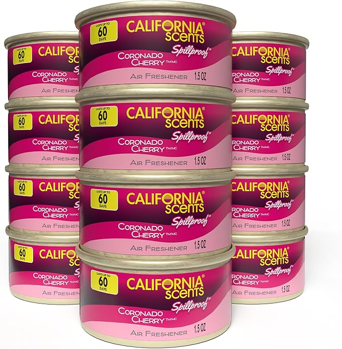 Can Air Freshener and Odor Neutralizer by California Scents, Stocking Stuffers, Set of 12 Spillproof Cans for Home and Car, Coronado Cherry, 1.5 Oz Each