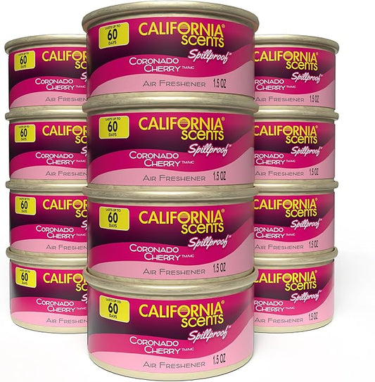 Can Air Freshener and Odor Neutralizer by California Scents, Stocking Stuffers, Set of 12 Spillproof Cans for Home and Car, Coronado Cherry, 1.5 Oz Each