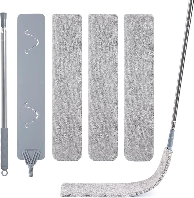 Skinny Duster with Extension Pole for Under Furniture, Under Appliance Cleaning Tool with 3 Microfiber Dusting Cloths, Retractable Flat Duster for Under Refrigerator, Tight Spaces, Gap